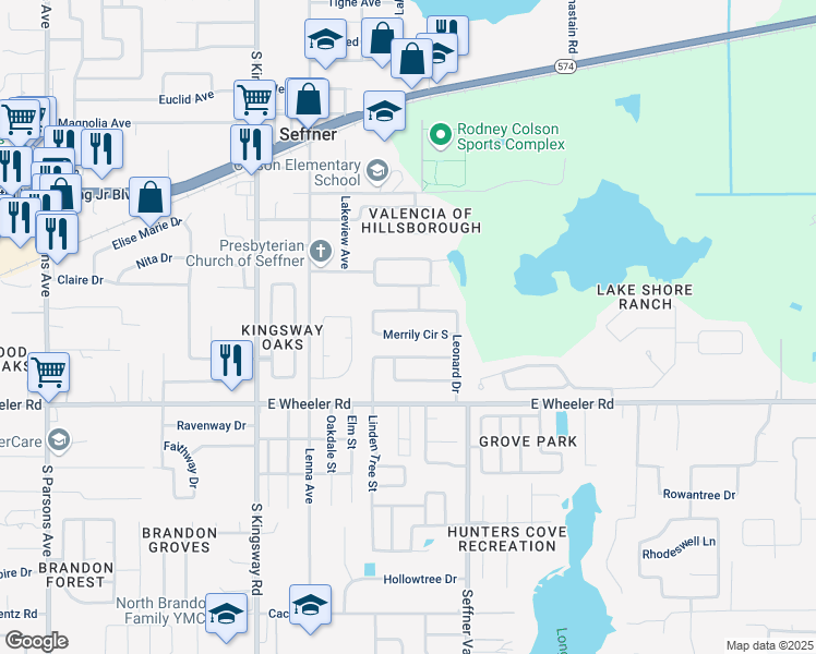 map of restaurants, bars, coffee shops, grocery stores, and more near 2339 Merrily Circle South in Seffner