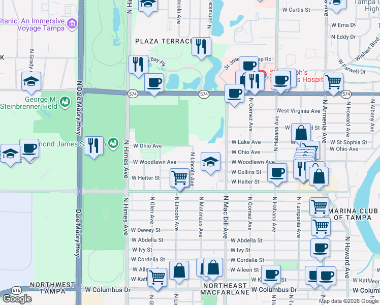 map of restaurants, bars, coffee shops, grocery stores, and more near 3213 West Woodlawn Avenue in Tampa