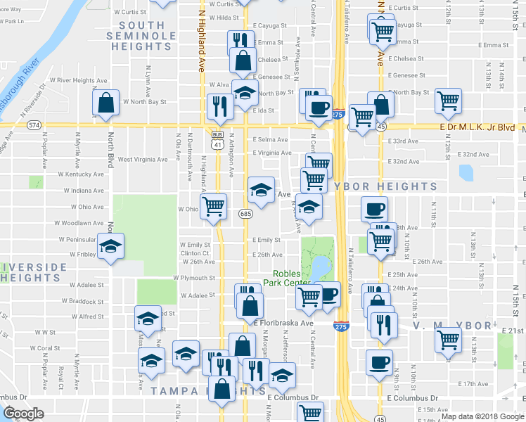 map of restaurants, bars, coffee shops, grocery stores, and more near 3515 North Florida Avenue in Tampa