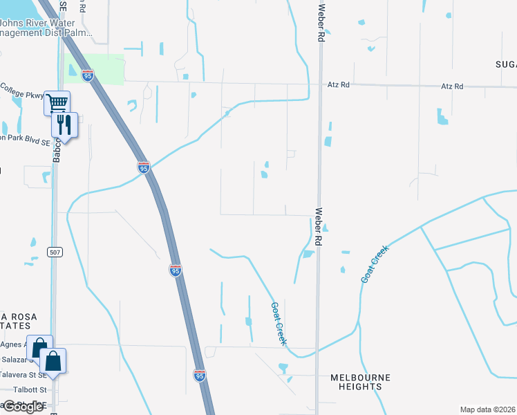 map of restaurants, bars, coffee shops, grocery stores, and more near 2885 Hard Way Lane in Malabar