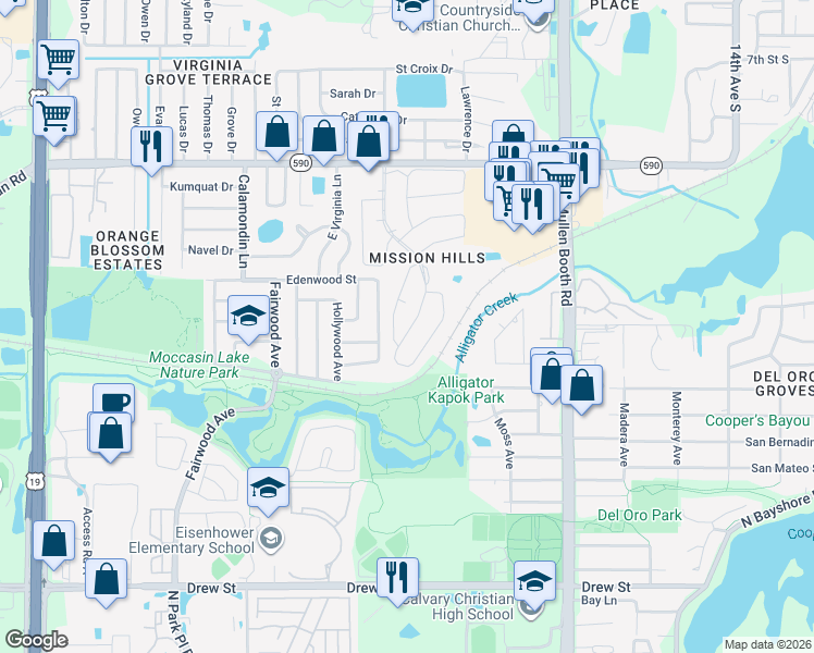 map of restaurants, bars, coffee shops, grocery stores, and more near 1286 Mission Hills Boulevard in Clearwater
