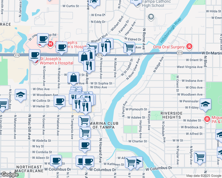 map of restaurants, bars, coffee shops, grocery stores, and more near 4101 North Howard Avenue in Tampa