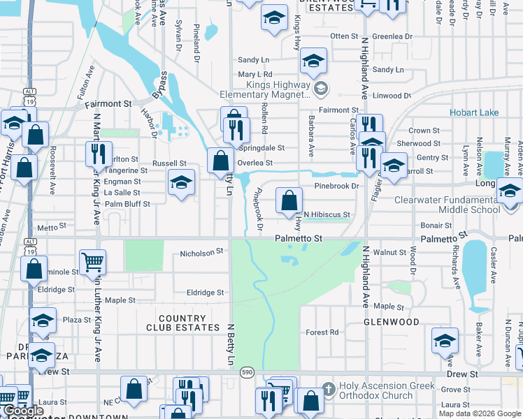 map of restaurants, bars, coffee shops, grocery stores, and more near 1004 Pine Brook Drive in Clearwater