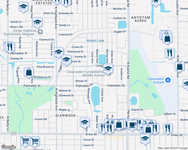map of restaurants, bars, coffee shops, grocery stores, and more near 1102 Macrae Avenue in Clearwater