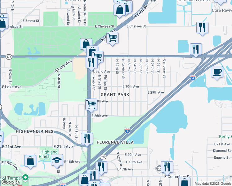 map of restaurants, bars, coffee shops, grocery stores, and more near 3612 North 52nd Street in Tampa