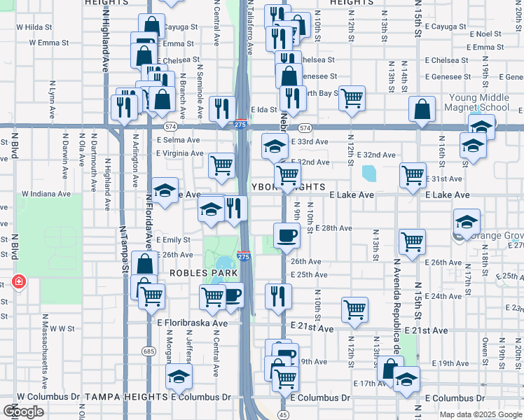 map of restaurants, bars, coffee shops, grocery stores, and more near 802 East James Street in Tampa