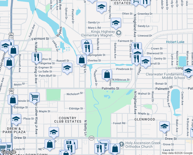 map of restaurants, bars, coffee shops, grocery stores, and more near 1004 Pine Brook Drive in Clearwater