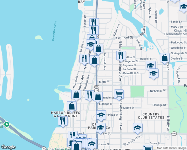 map of restaurants, bars, coffee shops, grocery stores, and more near 1011 North Garden Avenue in Clearwater