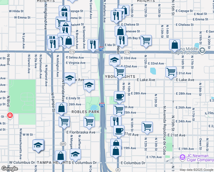 map of restaurants, bars, coffee shops, grocery stores, and more near 701 East James Street in Tampa
