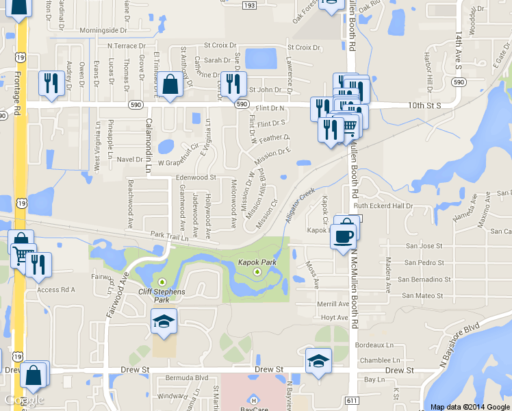 map of restaurants, bars, coffee shops, grocery stores, and more near 1286 Mission Hills Boulevard in Clearwater