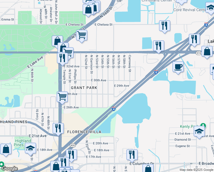 map of restaurants, bars, coffee shops, grocery stores, and more near 3616 North 55th Street in Tampa