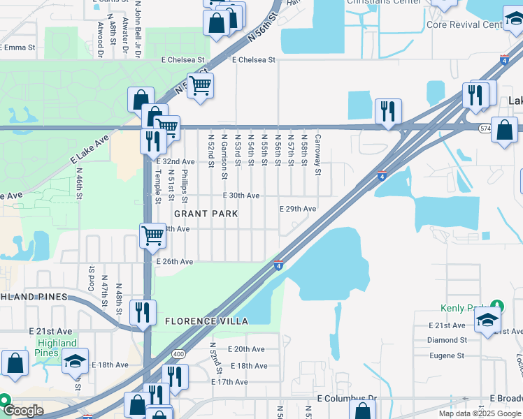 map of restaurants, bars, coffee shops, grocery stores, and more near 3607 North 54th Street in Tampa