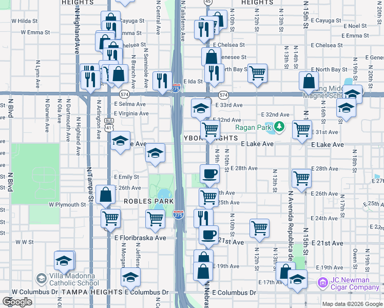 map of restaurants, bars, coffee shops, grocery stores, and more near 802 East James Street in Tampa