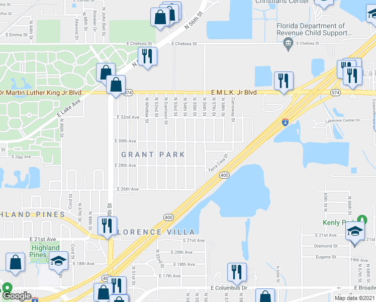 map of restaurants, bars, coffee shops, grocery stores, and more near 3615 North 54th Street in Tampa