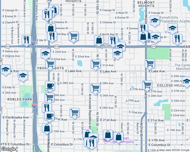 map of restaurants, bars, coffee shops, grocery stores, and more near 3512 North 15th Street in Tampa