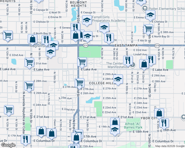map of restaurants, bars, coffee shops, grocery stores, and more near 2409 Cassell Street in Tampa