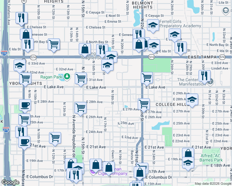 map of restaurants, bars, coffee shops, grocery stores, and more near 3516 Sarah Street in Tampa