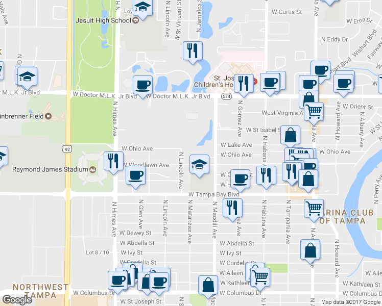 map of restaurants, bars, coffee shops, grocery stores, and more near 3213 West Woodlawn Avenue in Tampa