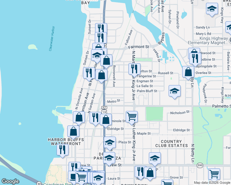 map of restaurants, bars, coffee shops, grocery stores, and more near 903 Palm Bluff Street in Clearwater