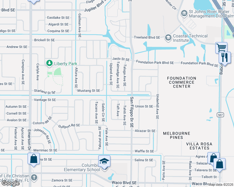 map of restaurants, bars, coffee shops, grocery stores, and more near 1221 Tacoma Street Southeast in Palm Bay