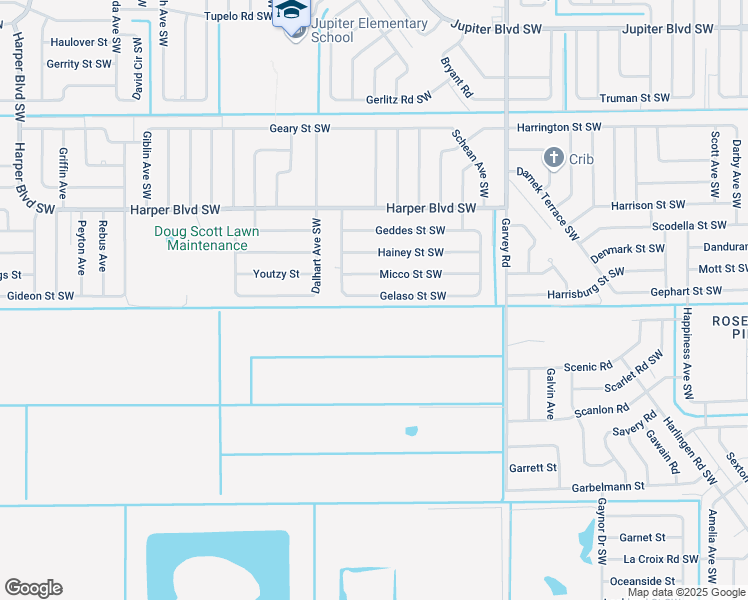 map of restaurants, bars, coffee shops, grocery stores, and more near 842 Gelaso Street Southwest in Palm Bay