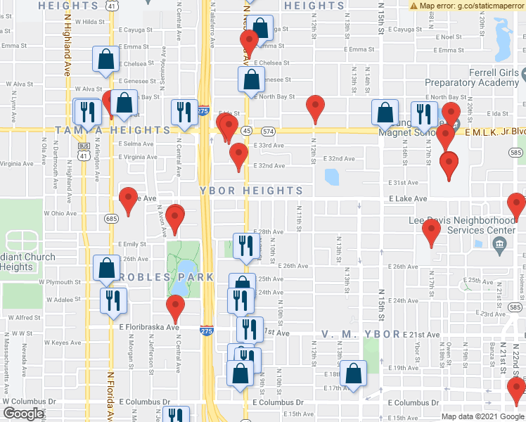 map of restaurants, bars, coffee shops, grocery stores, and more near 3513 North 9th Street in Tampa