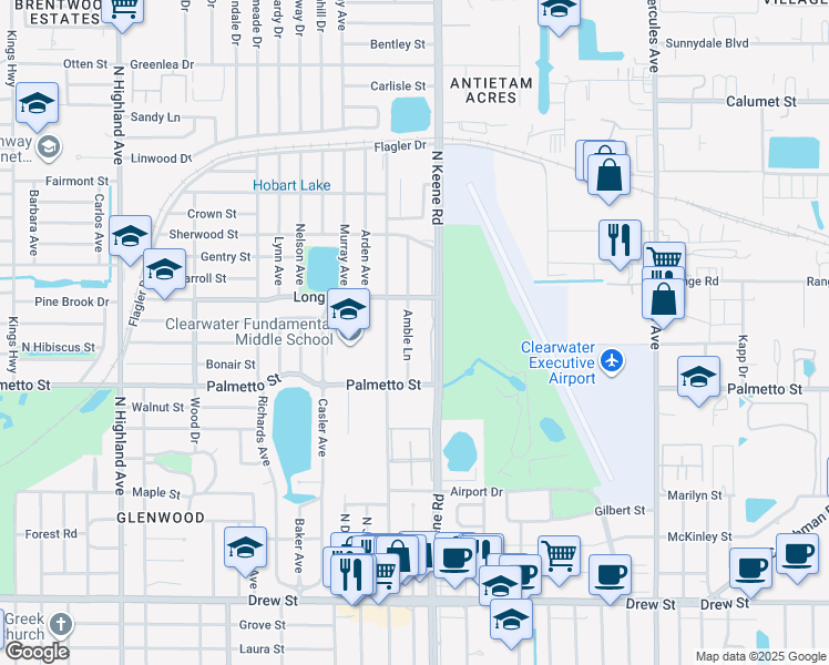 map of restaurants, bars, coffee shops, grocery stores, and more near 1109 Amble Lane in Clearwater