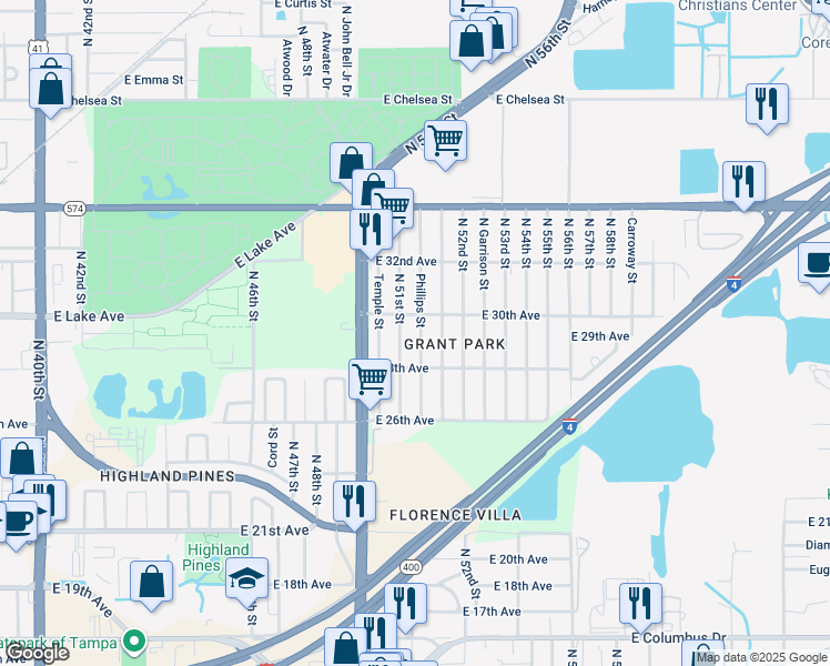 map of restaurants, bars, coffee shops, grocery stores, and more near 3606 Phillips Street in Tampa