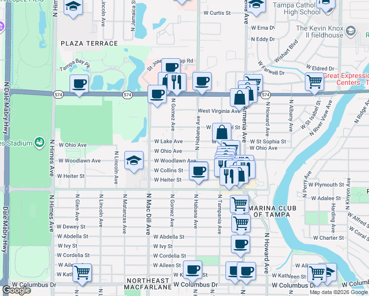 map of restaurants, bars, coffee shops, grocery stores, and more near 2805 West Woodlawn Avenue in Tampa