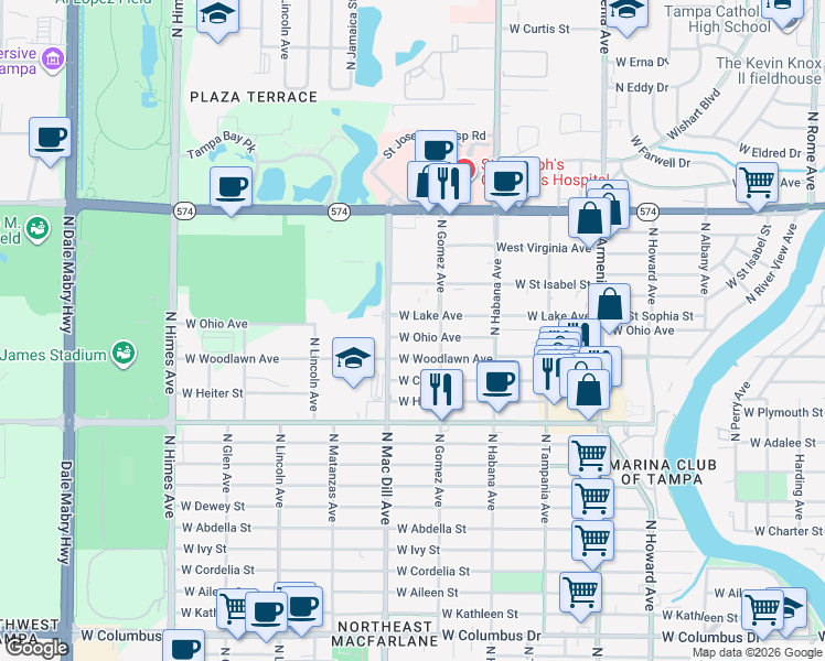 map of restaurants, bars, coffee shops, grocery stores, and more near 2915 West Woodlawn Avenue in Tampa