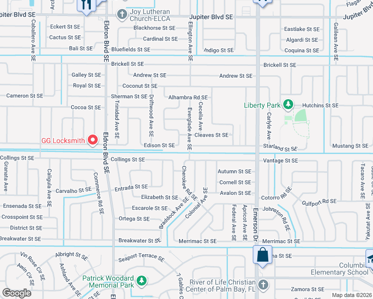 map of restaurants, bars, coffee shops, grocery stores, and more near 601 Vantage Street Southeast in Palm Bay