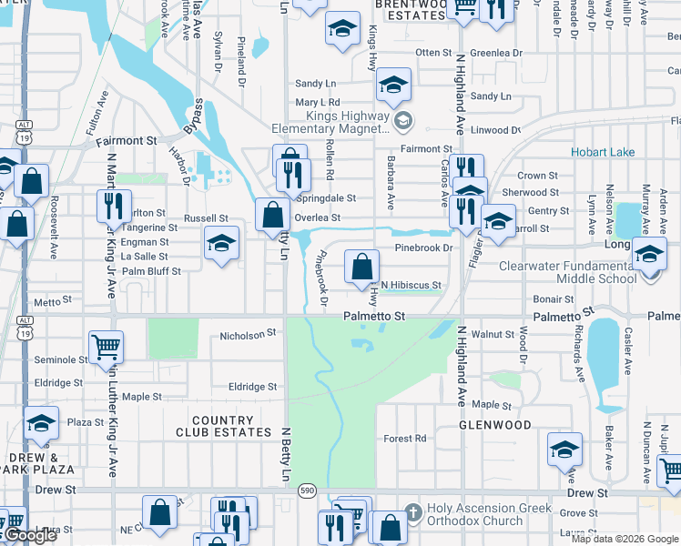 map of restaurants, bars, coffee shops, grocery stores, and more near 1364 Hibiscus Street in Clearwater