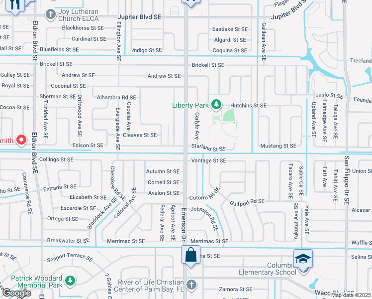 map of restaurants, bars, coffee shops, grocery stores, and more near 2277 Emerson Drive Southeast in Palm Bay