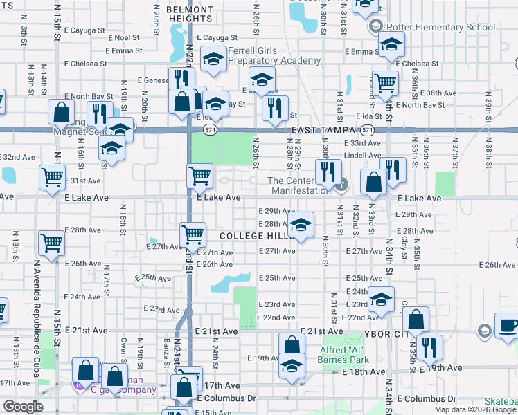 map of restaurants, bars, coffee shops, grocery stores, and more near 2602 East 29th Avenue in Tampa