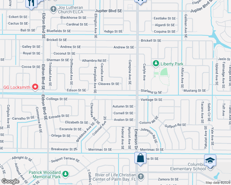 map of restaurants, bars, coffee shops, grocery stores, and more near 739 Vantage Street Southeast in Palm Bay