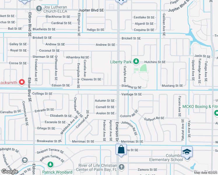 map of restaurants, bars, coffee shops, grocery stores, and more near 800 Starland Street Southeast in Palm Bay