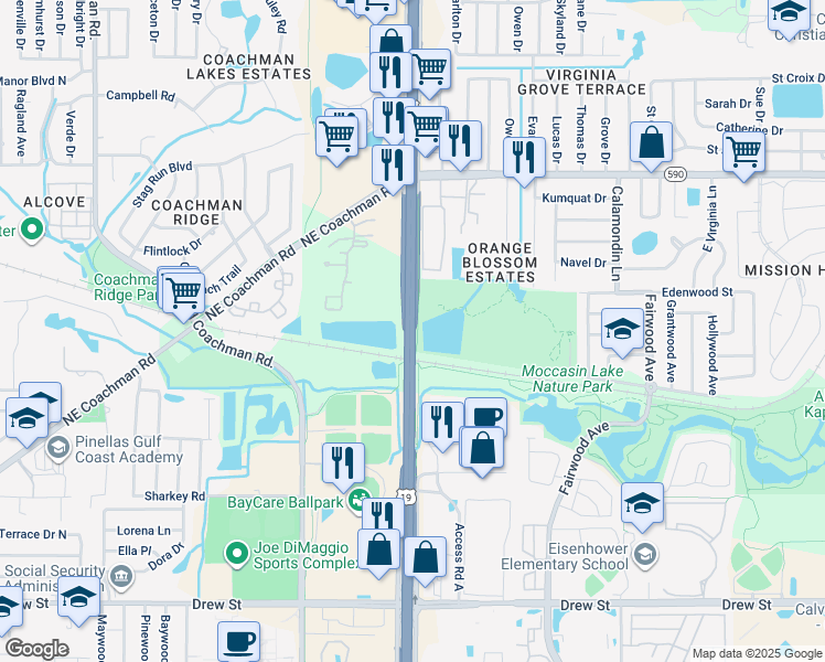 map of restaurants, bars, coffee shops, grocery stores, and more near 22211 US Highway 19 North in Clearwater