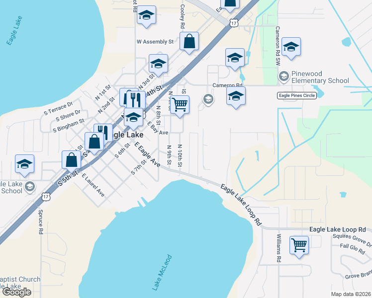 map of restaurants, bars, coffee shops, grocery stores, and more near 860 North 10th Street in Eagle Lake