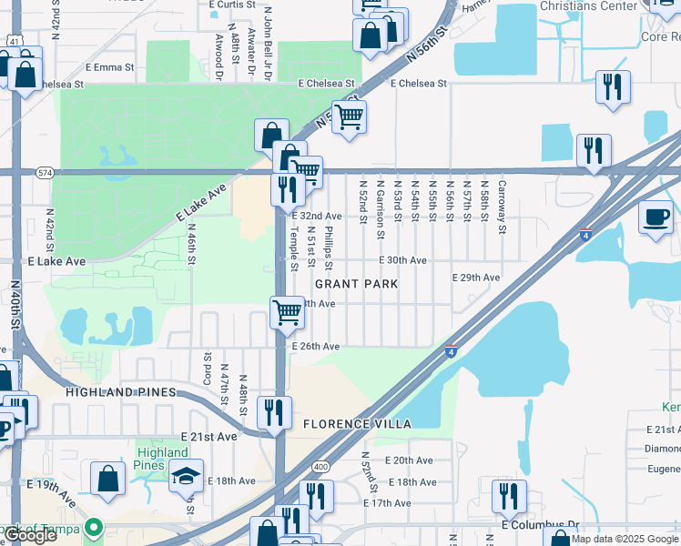 map of restaurants, bars, coffee shops, grocery stores, and more near 3618 North Whittier Street in Tampa