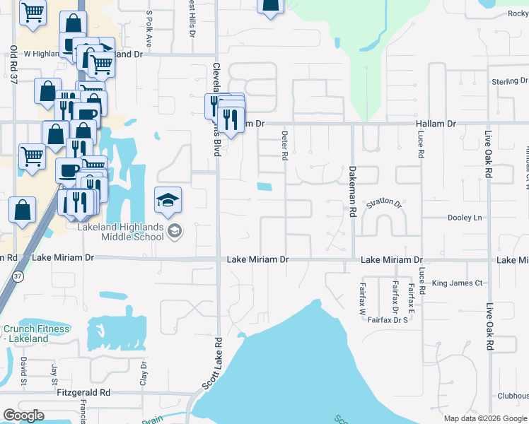 map of restaurants, bars, coffee shops, grocery stores, and more near 1112 East Devonshire Lane in Lakeland