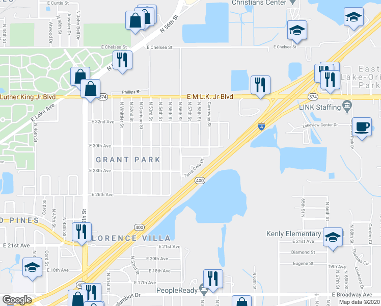 map of restaurants, bars, coffee shops, grocery stores, and more near 3703 North 56th Street in Tampa