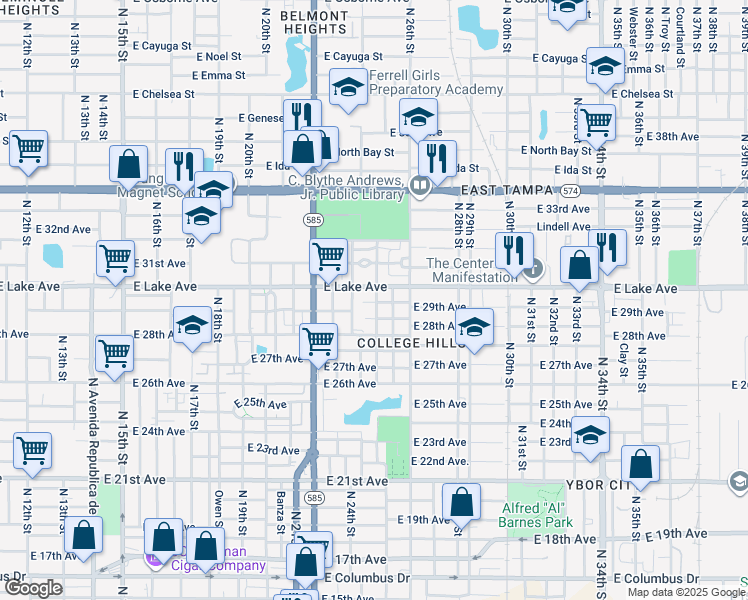 map of restaurants, bars, coffee shops, grocery stores, and more near 2409 East Lake Avenue in Tampa