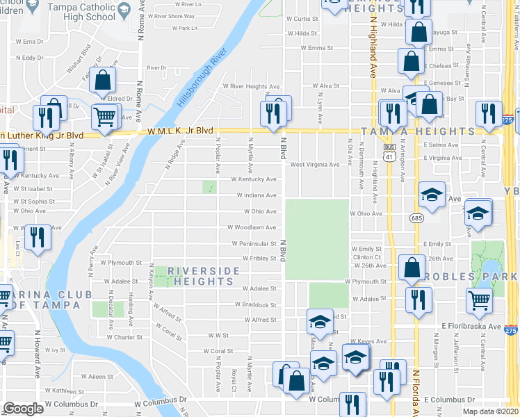 map of restaurants, bars, coffee shops, grocery stores, and more near 710 West Indiana Avenue in Tampa