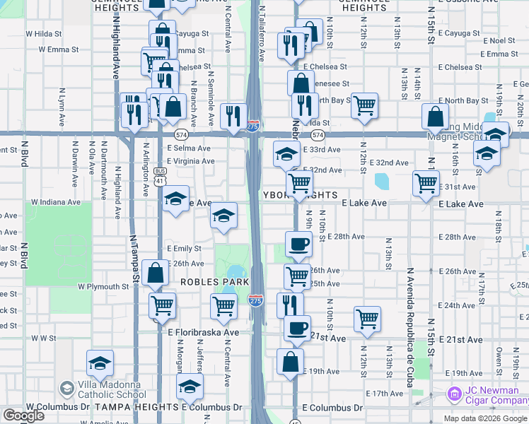 map of restaurants, bars, coffee shops, grocery stores, and more near 702 East Lake Avenue in Tampa