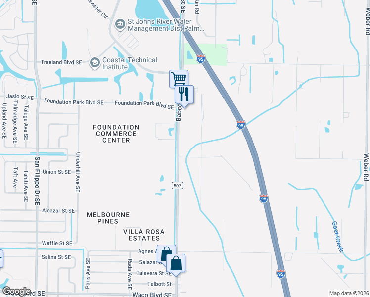 map of restaurants, bars, coffee shops, grocery stores, and more near 6825 Babcock Street Southeast in Malabar