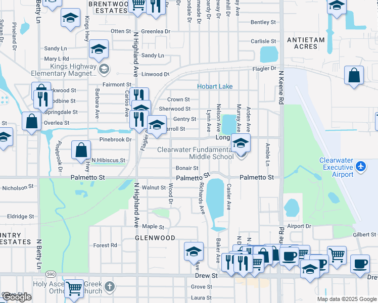map of restaurants, bars, coffee shops, grocery stores, and more near 1565 Long Street in Clearwater
