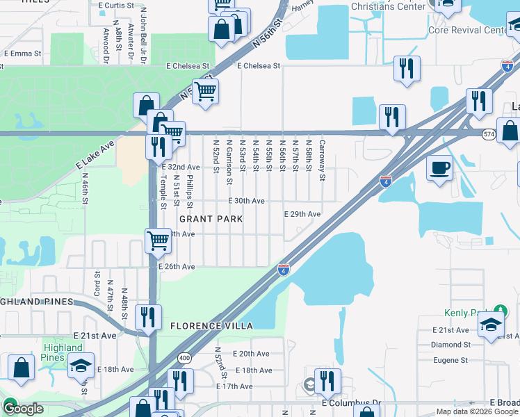 map of restaurants, bars, coffee shops, grocery stores, and more near 3621 North 54th Street in Tampa