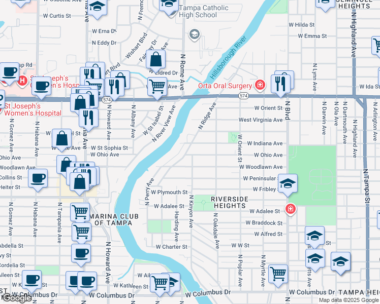 map of restaurants, bars, coffee shops, grocery stores, and more near 3702 North Ridge Avenue in Tampa