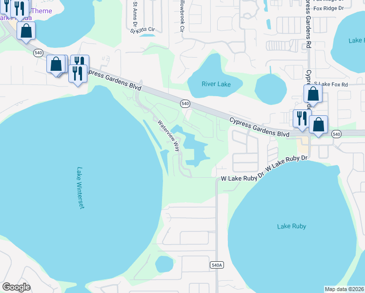 map of restaurants, bars, coffee shops, grocery stores, and more near 1901 Garden Lake Drive in Winter Haven