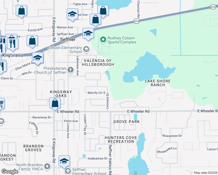 map of restaurants, bars, coffee shops, grocery stores, and more near 2304 Leonard Drive in Seffner